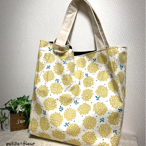 北欧柄トート＆エコバッグ（ミモザ）紐＆外ポケット付き） トート