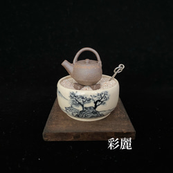ミニチュア陶器　ミニ火鉢　呉須絵山水図 1枚目の画像