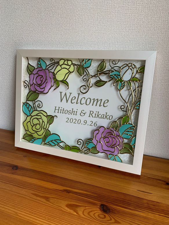【一点もの】Happy Rose♡ ウエディング　ウェルカムボード　フィルムステンドグラス Happy Rose 厚み2