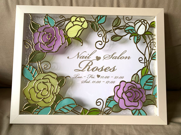 【一点もの】Happy Rose♡ ウエディング　ウェルカムボード　フィルムステンドグラス Happy Rose 厚み2