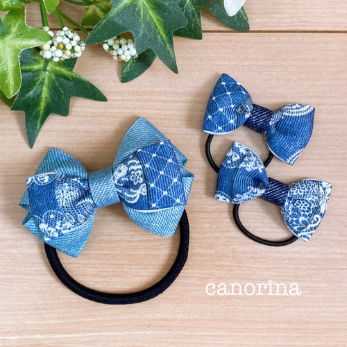 デニム風レースプリントリボン《3点セット》 お揃い ヘアゴム  