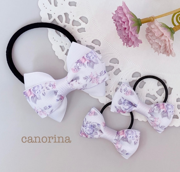 親子お揃い♡antique pink×white グログランリボン　ヘアゴム 親子お揃い♡antique pink×white グログランリボンヘアゴム