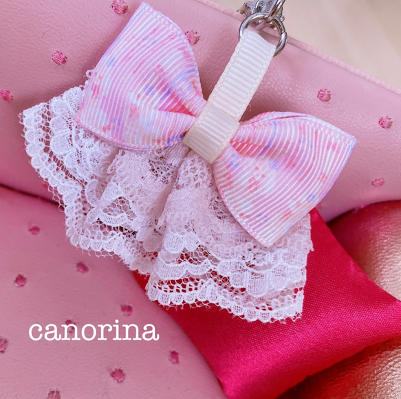 ドレスリボンキーホルダー グログラン&2色レース ピンク 白 バッグ
