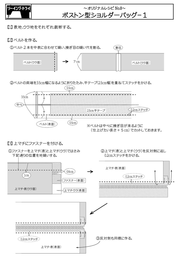 【型紙&レシピ】ボストン型ショルダーバッグ/安心作製の詳しいレシピ付き 10枚目の画像