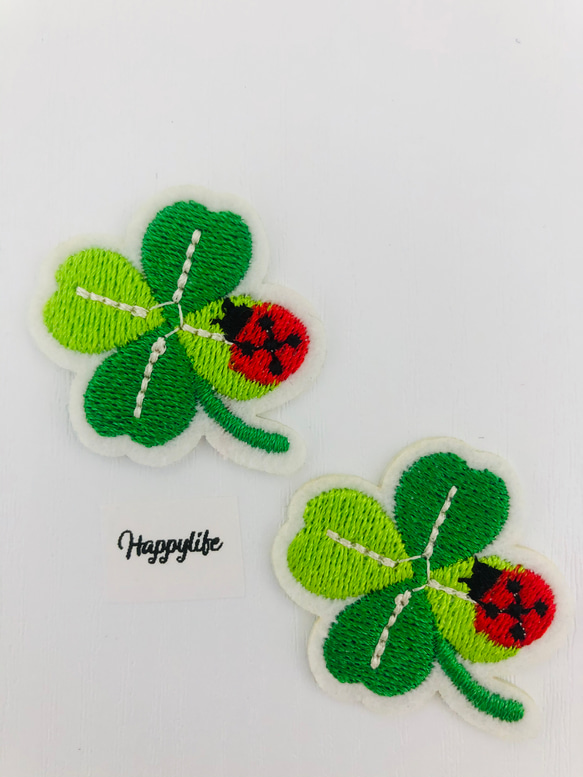 2枚入 クローバーてんとう虫アイロンワッペン 刺繍ワッペン