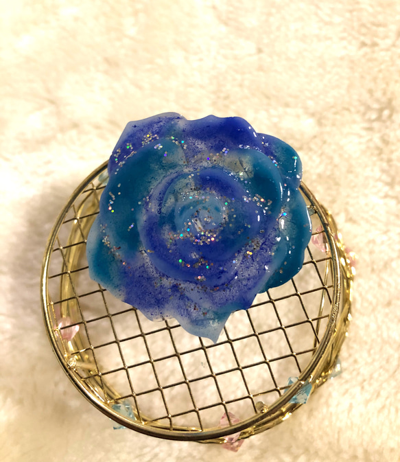花型ヘアゴム ネイビー×青緑　バラ　かんざし　ブローチ 5枚目の画像