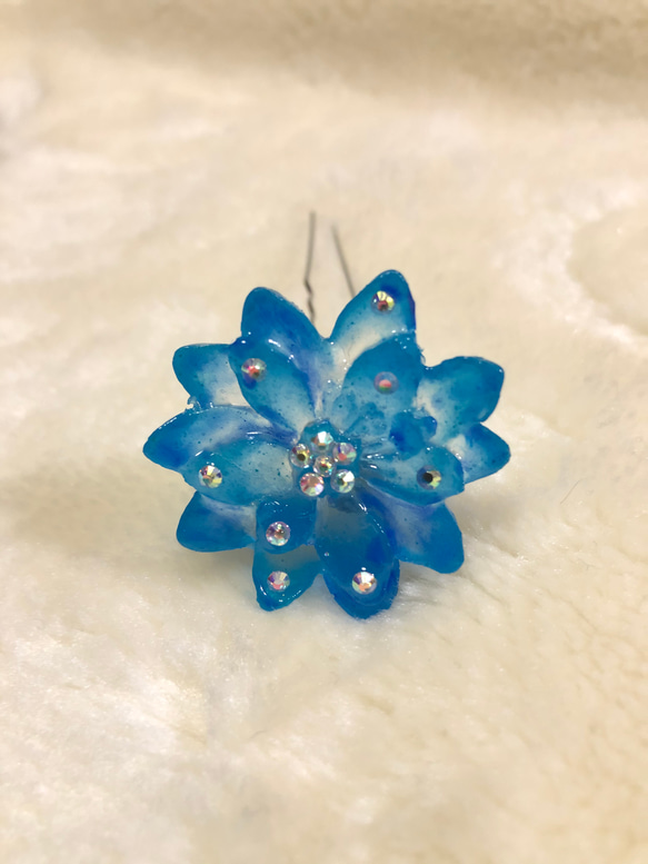 花型ヘアゴム 青緑×青　かんざし　ブローチ 2枚目の画像
