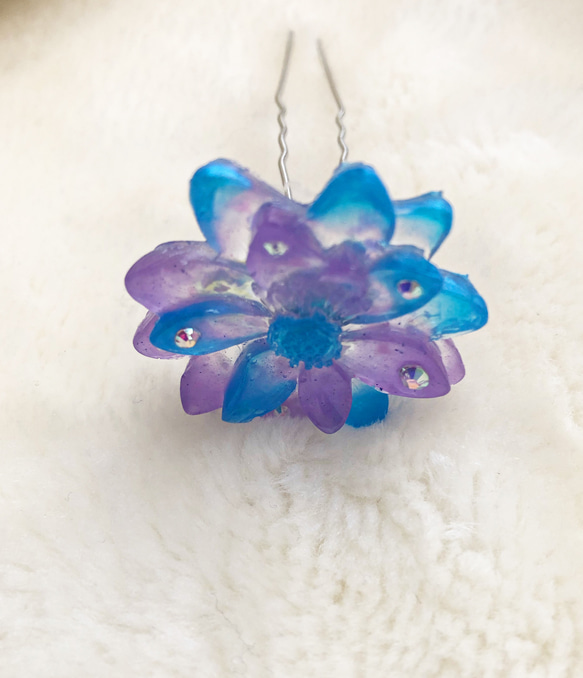 花型ヘアゴム 水色×薄紫　かんざし　ブローチ 4枚目の画像