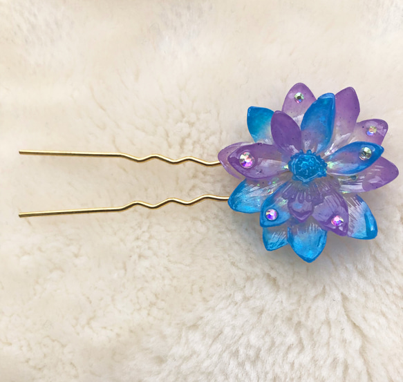 花型ヘアゴム 水色×薄紫　かんざし　ブローチ 5枚目の画像