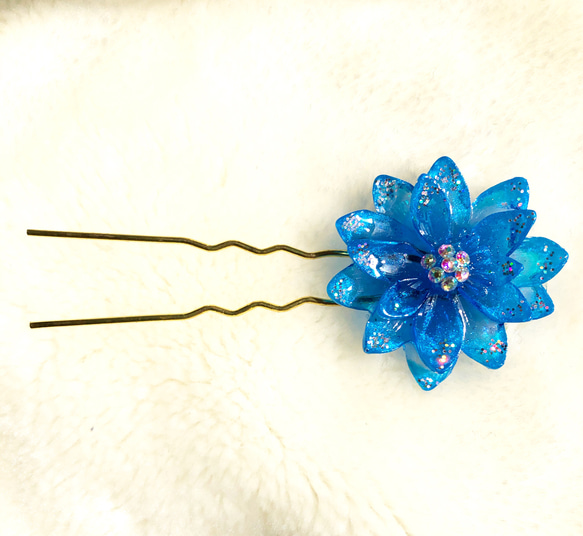 花型ヘアゴム ブルー　かんざし　ブローチ 3枚目の画像
