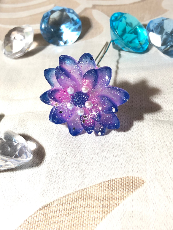 花型ヘアゴム 紺×ピンク　かんざし　ヘアピン 4枚目の画像