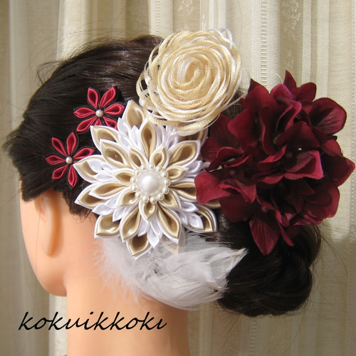 洋風つまみ細工＊髪飾り・ヘッドドレス【白金赤】☆彩雲セット☆ 結婚  