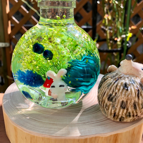 癒しシリーズ 『うさぎときのこのお家 グリーン』 ハーバリウム・植物