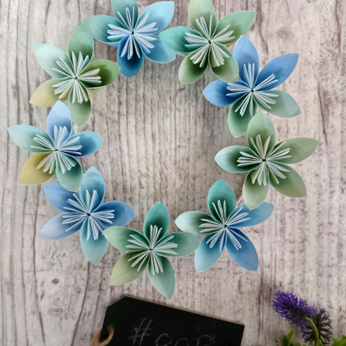 半額SALE】涼しげな青のグラデーション 花のリース 折り紙 No