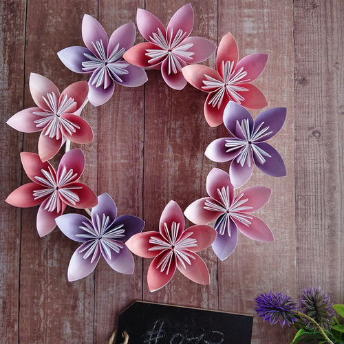 大人ピンクとパープルのフラワーリース 折り紙 No.013 リース Anny's
