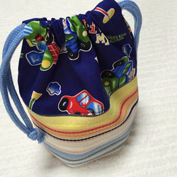 コップ袋（紺色乗り物柄×ボーダー） 1枚目の画像