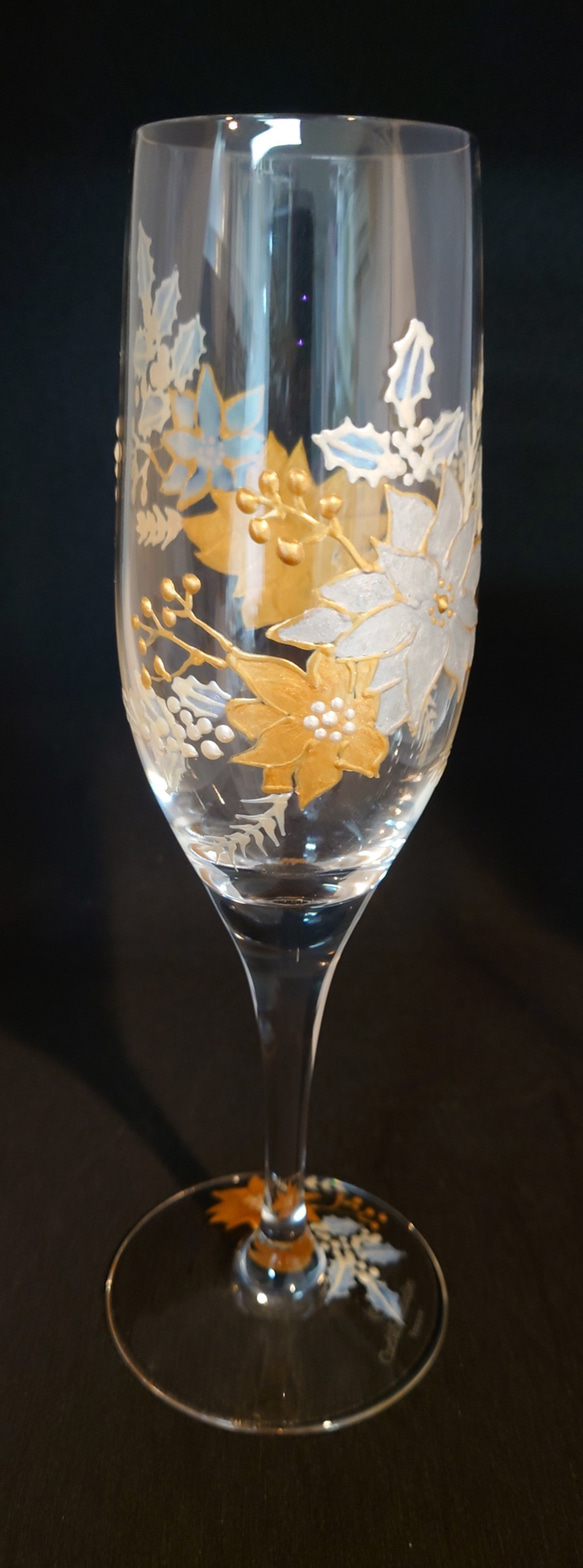 ガラス　クリスマス　シャンパングラス　ポインセチア　 1枚目の画像