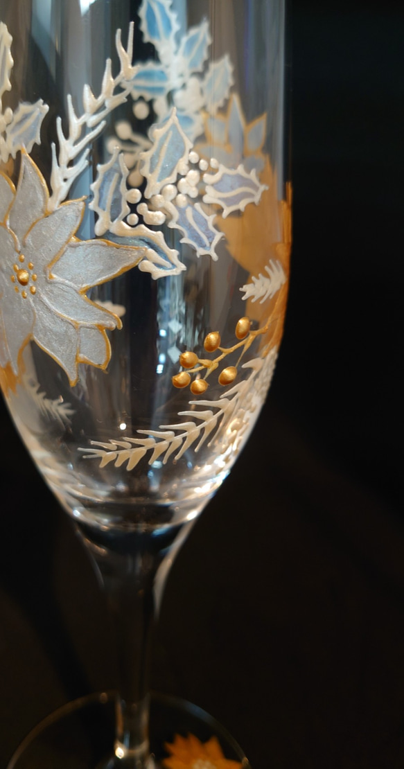 ガラス　クリスマス　シャンパングラス　ポインセチア　 3枚目の画像