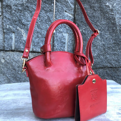 セール60％OFF【マスクケース付き】mini BUCKET BAG　エナメルレザーショルダーバッグ（本革）RED 3枚目の画像