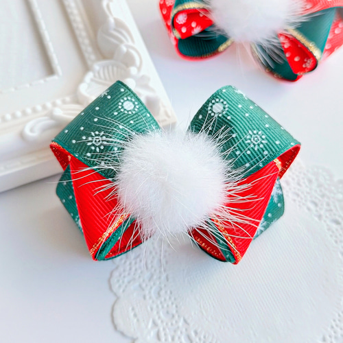クリスマス＊キッズリボン＊雪の結晶リボンとふわふわミンク