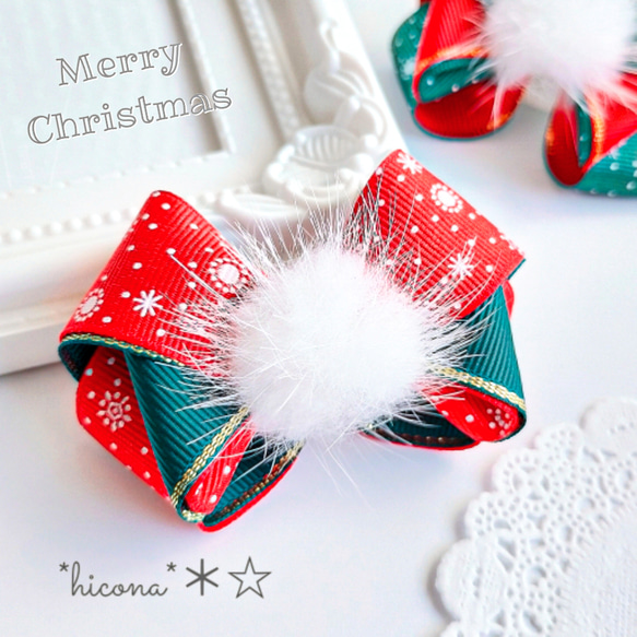 クリスマス＊キッズリボン＊雪の結晶リボンとふわふわミンクファー
