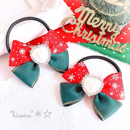クリスマス☆キッズリボンヘアゴム＊雪の結晶グリーンとキラキラパール