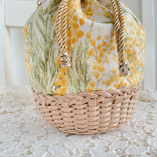ミモザの咲く庭 巾着かごバッグ【ミモザ・ナチュラル】2way・3wayにも  
