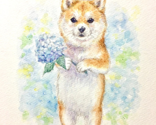 秋田犬　日本犬　夏　ひまわり　日本画　原画　絵画　水干絵具 秋田犬日本犬夏ひまわり日本画原画絵画水干絵具