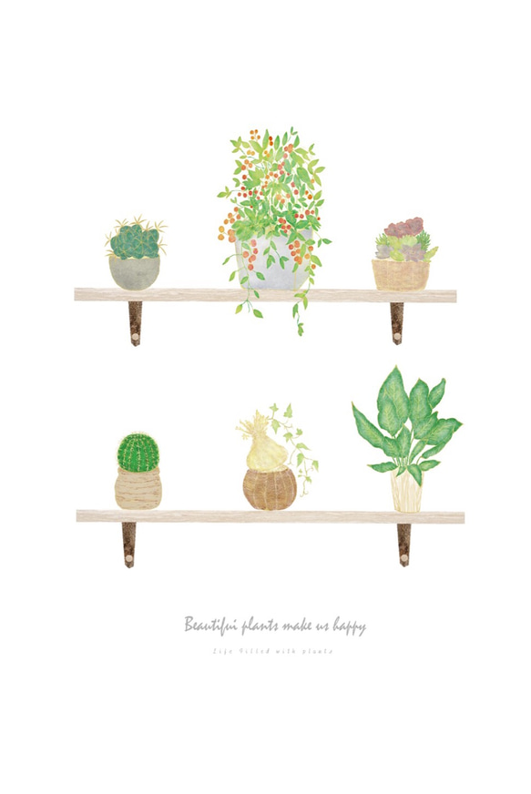 サボテンと植物の壁掛け飾り棚✴︎ 水彩画風インテリアポスター【縦】 4枚目の画像