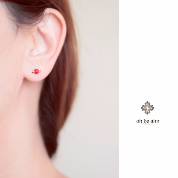 紅珊瑚“小號天然寶石 2way 耳環 - 精緻”&amp; 耳環 14KGF 銀 925 玫瑰金 第2張的照片