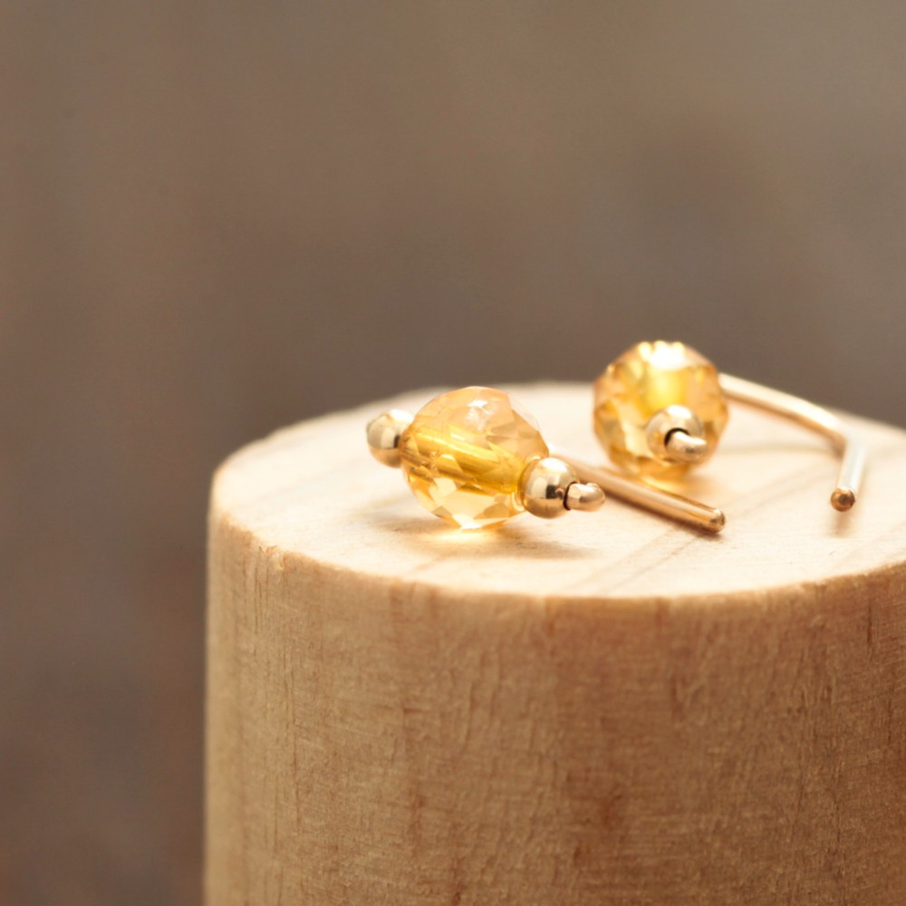 シトリン『天然石の小さな1粒 2way ピアス- dainty 』14KGF シルバー