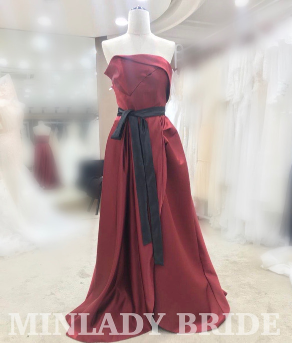 【新品】ハンドメイドウエディングドレス　ワインレッド　カラードレス　#ma432 2枚目の画像