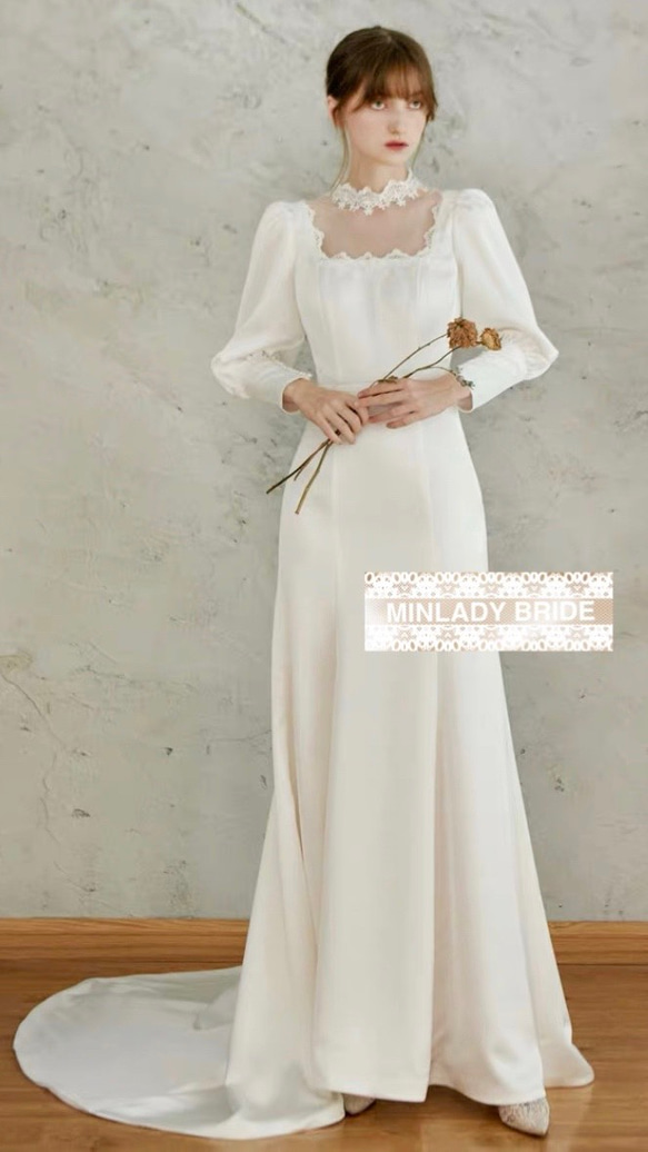 シルクサテン　バルーンスリーブ　マーメイドウェディングドレス ma463 2枚目の画像