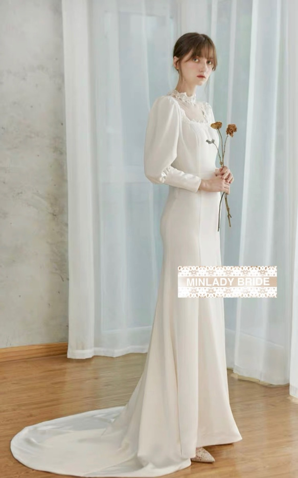 シルクサテン　バルーンスリーブ　マーメイドウェディングドレス ma463 3枚目の画像