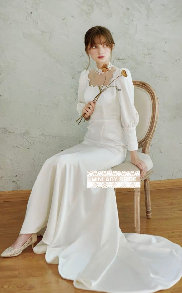 シルクサテン　バルーンスリーブ　マーメイドウェディングドレス ma463 4枚目の画像