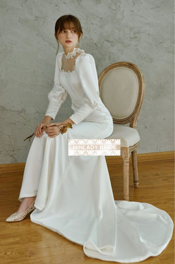 シルクサテン　バルーンスリーブ　マーメイドウェディングドレス ma463 6枚目の画像