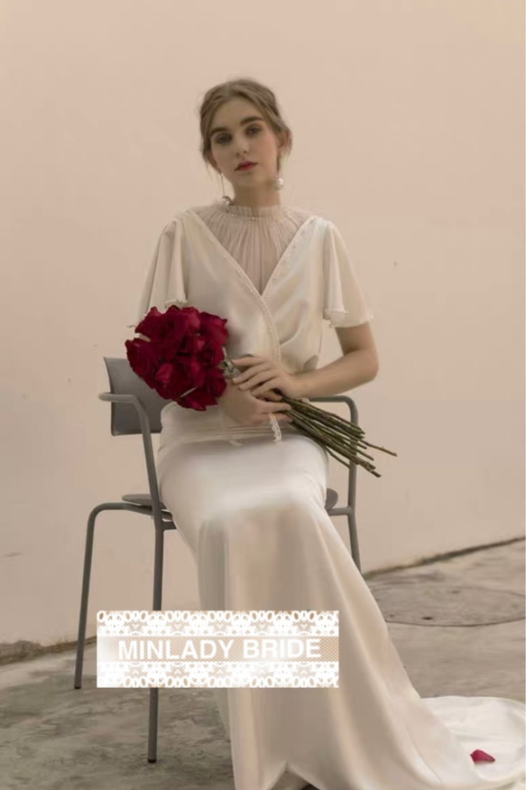 アンティーク シルクサテン  フリル ウエディングドレス #ma106 3枚目の画像