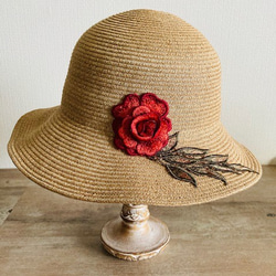 【和紙ブレードハット薔薇モチーフ付】夏帽子 2枚目の画像