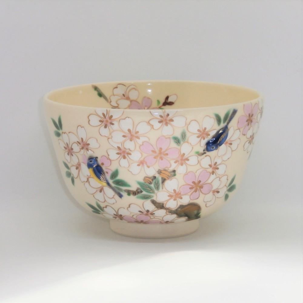 "PUKKURI"茶盌「桜に瑠璃鳥」京焼・清水焼　京都　伝統工芸品　京焼　清水焼　さくら　桜　青　鳥　抹茶盌