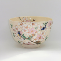 "PUKKURI"茶盌「桜に瑠璃鳥」京焼・清水焼　京都　伝統工芸品　京焼　清水焼　さくら　桜　青　鳥　抹茶盌 1枚目の画像