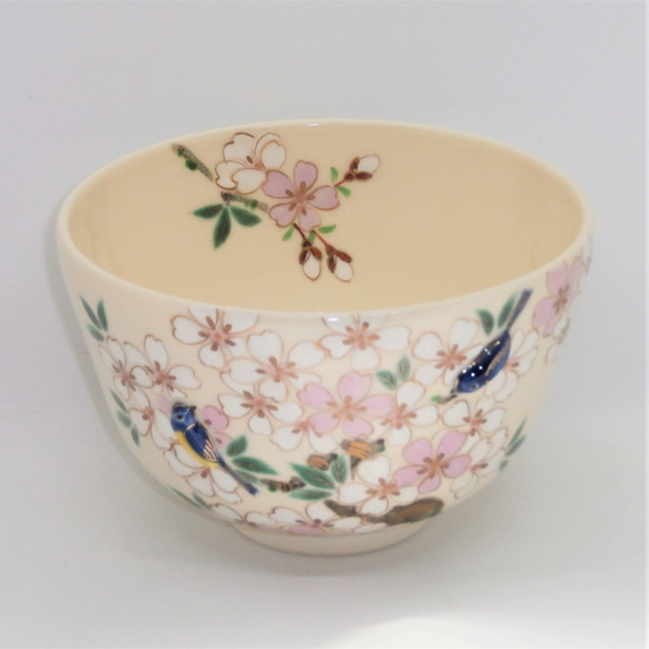 "PUKKURI"茶盌「桜に瑠璃鳥」京焼・清水焼　京都　伝統工芸品　京焼　清水焼　さくら　桜　青　鳥　抹茶盌 3枚目の画像