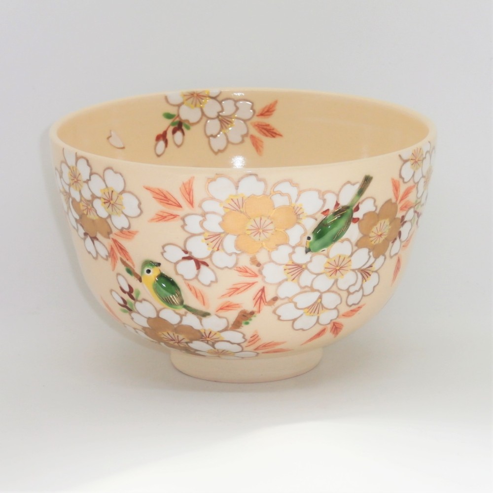 "PUKKURI"茶盌「桜にメジロ」京焼・清水焼　京都　伝統工芸品　清水焼　さくら　桜　鳥　目白　抹茶盌