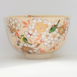 "PUKKURI"茶盌「桜にメジロ」京焼・清水焼　京都　伝統工芸品　清水焼　さくら　桜　鳥　目白　抹茶盌 2枚目の画像