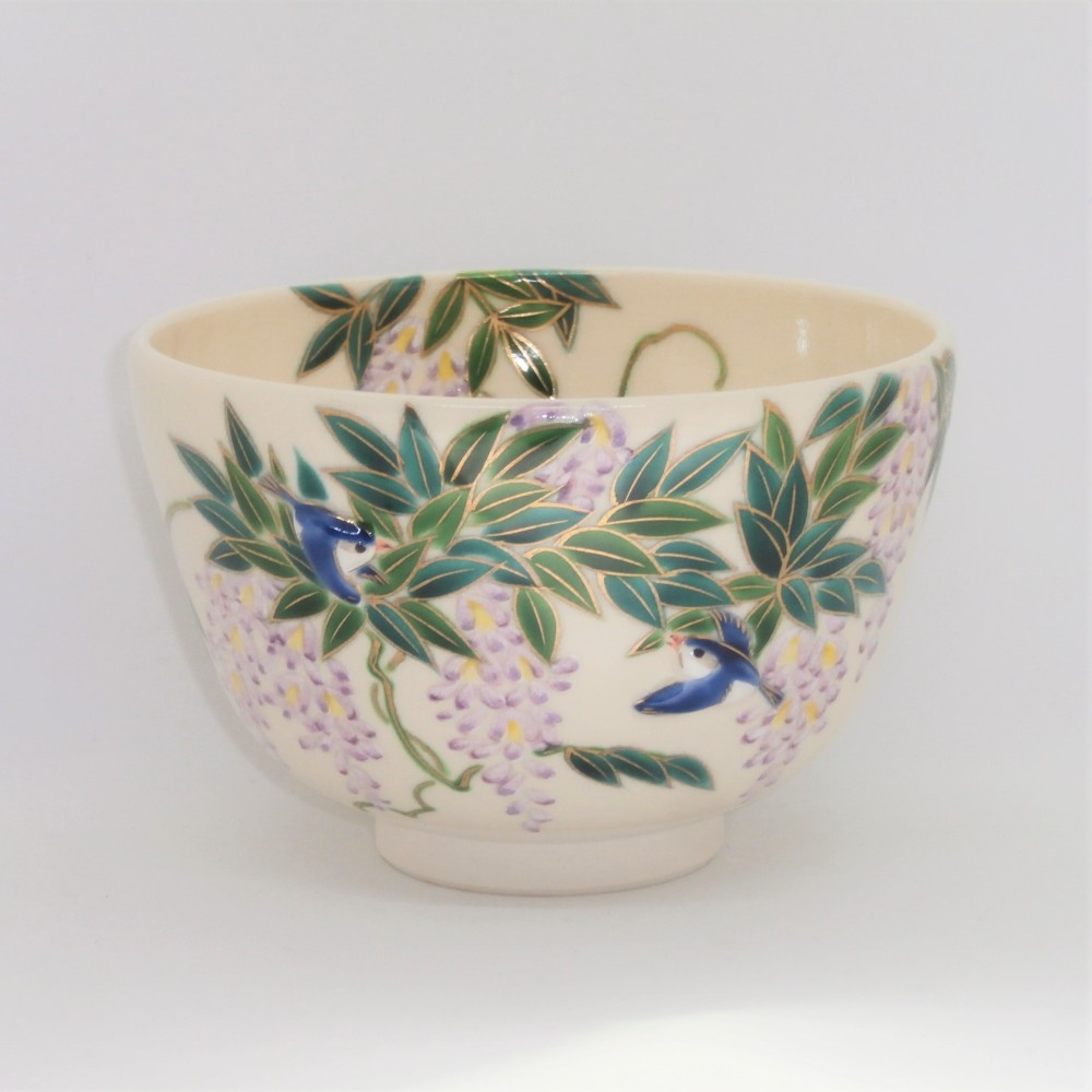 "PUKKURI"茶盌「藤に瑠璃鳥」京焼・清水焼　京都　伝統工芸品　京焼　清水焼　ふじ　青　鳥　抹茶　抹茶盌