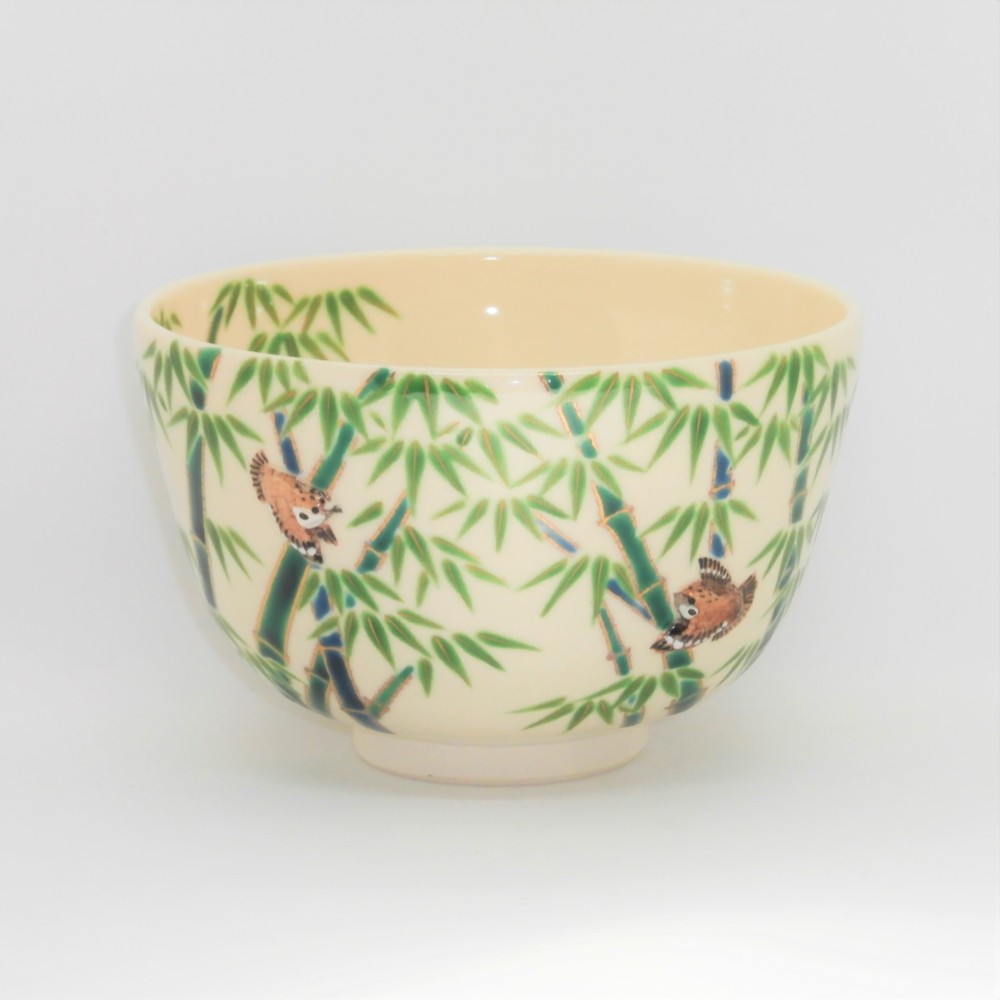 "PUKKURI"茶盌「竹林に雀」京焼・清水焼　京都　伝統工芸品　京焼　清水焼　竹　竹林　すずめ　スズメ　雀　抹茶盌