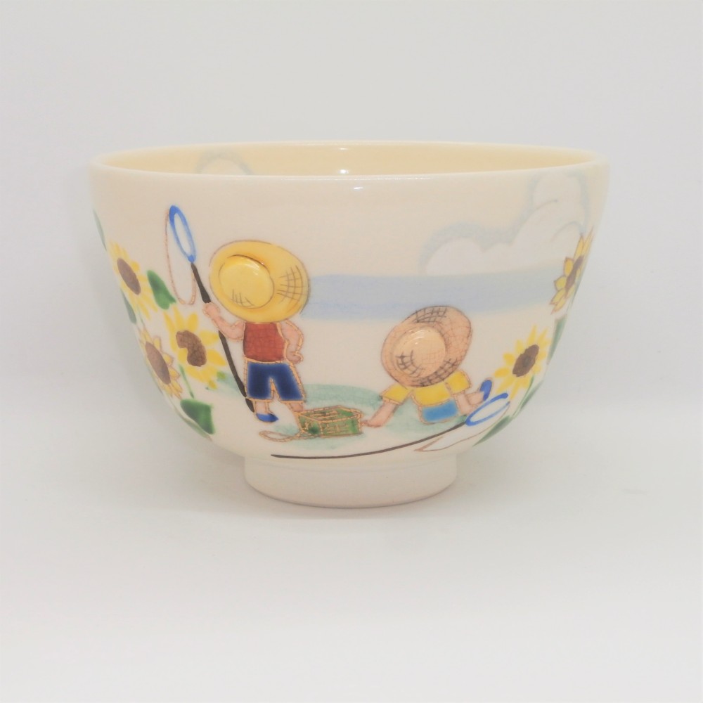 "PUKKURI"茶盌「夏休み」京焼・清水焼　京都　伝統工芸品　清水焼　ヒマワリ　向日葵　麦わら帽子　入道雲　抹茶盌