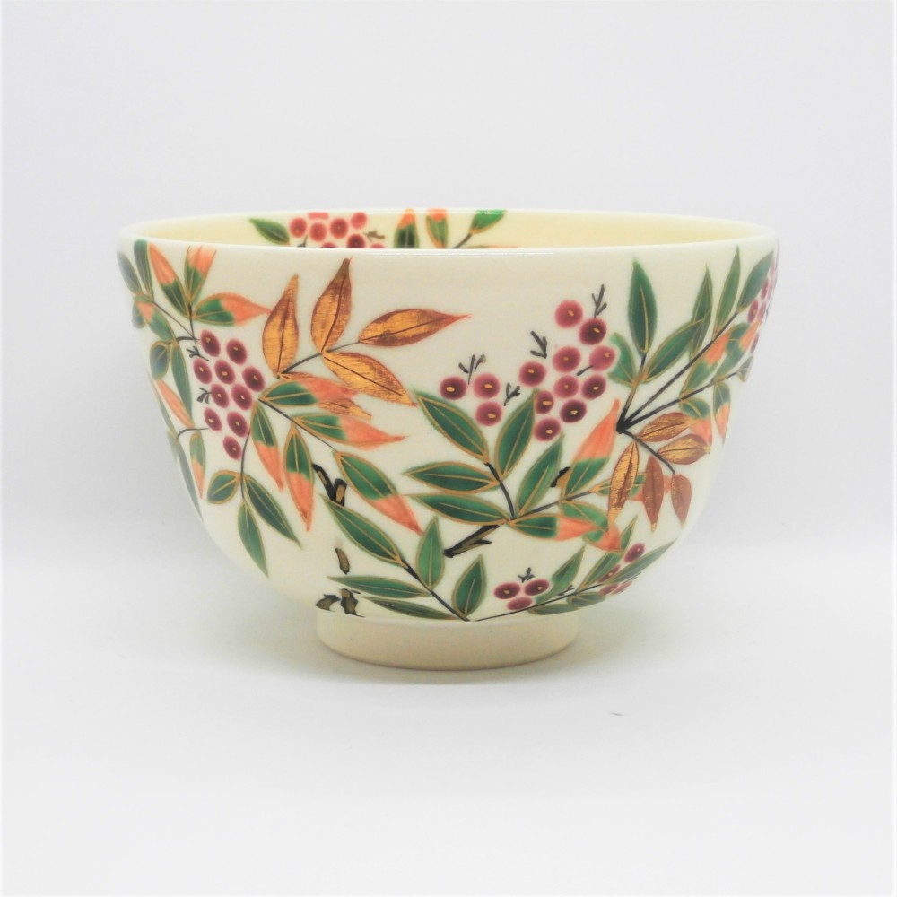 茶盌「南天」京焼・清水焼　京都　伝統工芸品　京焼　清水焼　色絵　金彩　抹茶茶盌