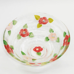 京焼、つばきの絵、 京絵付ガラス 茶碗 「椿（赤）」京都 京焼 清水焼 つばき ツバキ 茶碗
