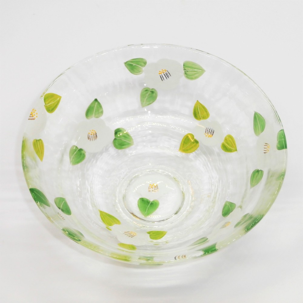 京絵付ガラス　茶碗　「白玉椿」京都　京焼　清水焼　椿　つばき　ツバキ　白