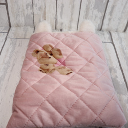¥1580→¥1400もふもふ耳付きくまさん柄寝袋（リバーシブル）Lサイズ（ピンク×オフホワイト） 2枚目の画像